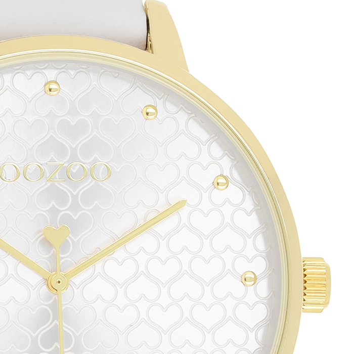 Oozoo Goudkleurige OOZOO Horloge Met Witte Leren Band - C11158