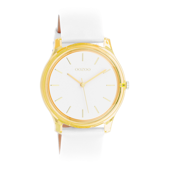 oozoo Goudkleurige OOZOO horloge met witte leren band - C11136