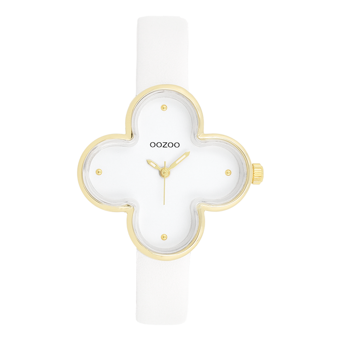 oozoo Goudkleurige OOZOO horloge met witte leren band - C11520