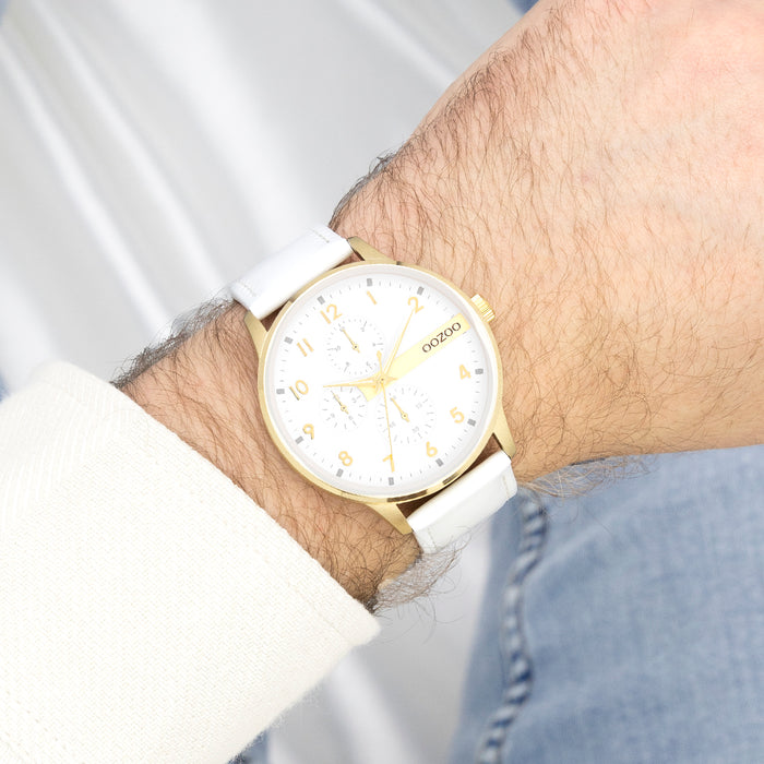 Oozoo Goudkleurige OOZOO Horloge Met Witte Leren Band - C11305
