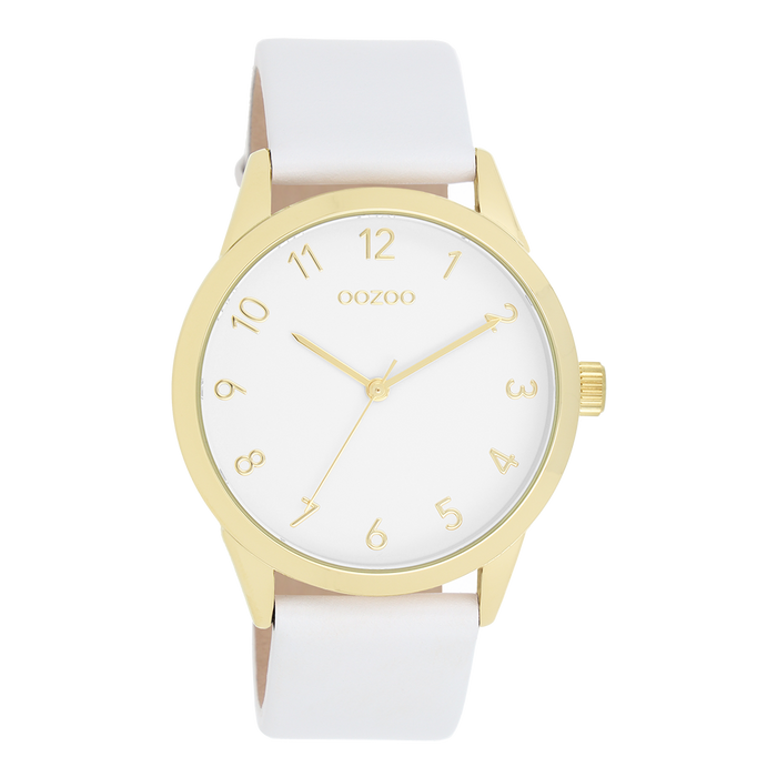 Oozoo Goudkleurige OOZOO Horloge Met Witte Leren Band - C11325