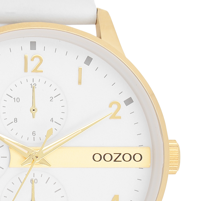 Oozoo Goudkleurige OOZOO Horloge Met Witte Leren Band - C11305