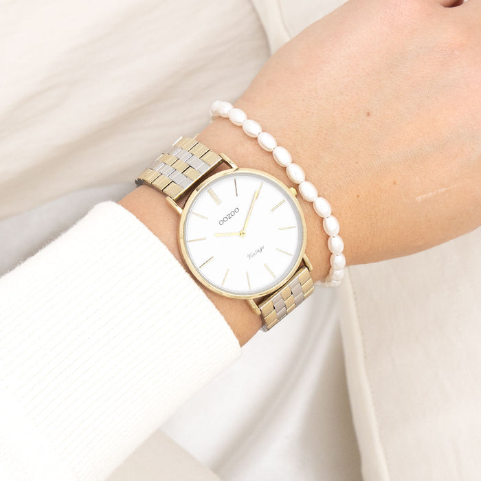Oozoo Goudkleurige OOZOO Horloge Met Zilverkleurig/gouden Roestvrijstalen Armband - C20402
