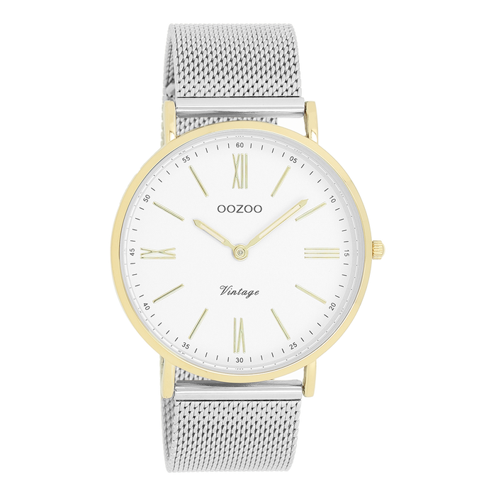 oozoo Goudkleurige OOZOO horloge met zilverkleurige metalen mesh armband - C20118