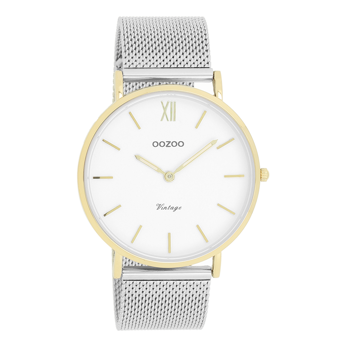 oozoo Goudkleurige OOZOO horloge met zilverkleurige metalen mesh armband - C20116