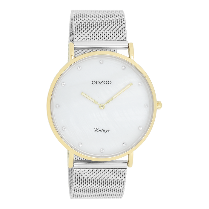 oozoo Goudkleurige OOZOO horloge met zilverkleurige metalen mesh armband - C20115