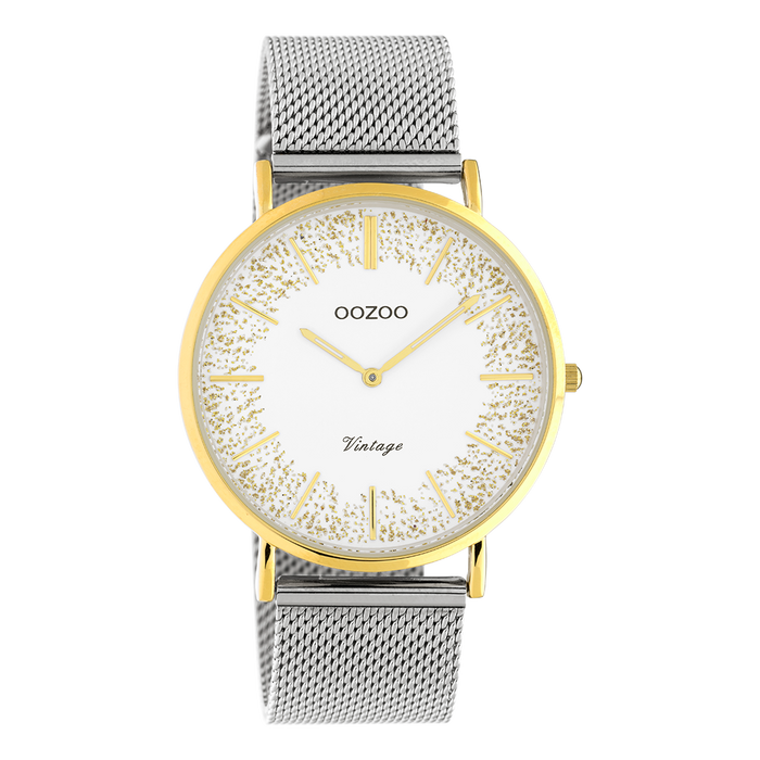 oozoo Goudkleurige OOZOO horloge met zilverkleurige metalen mesh armband - C20135