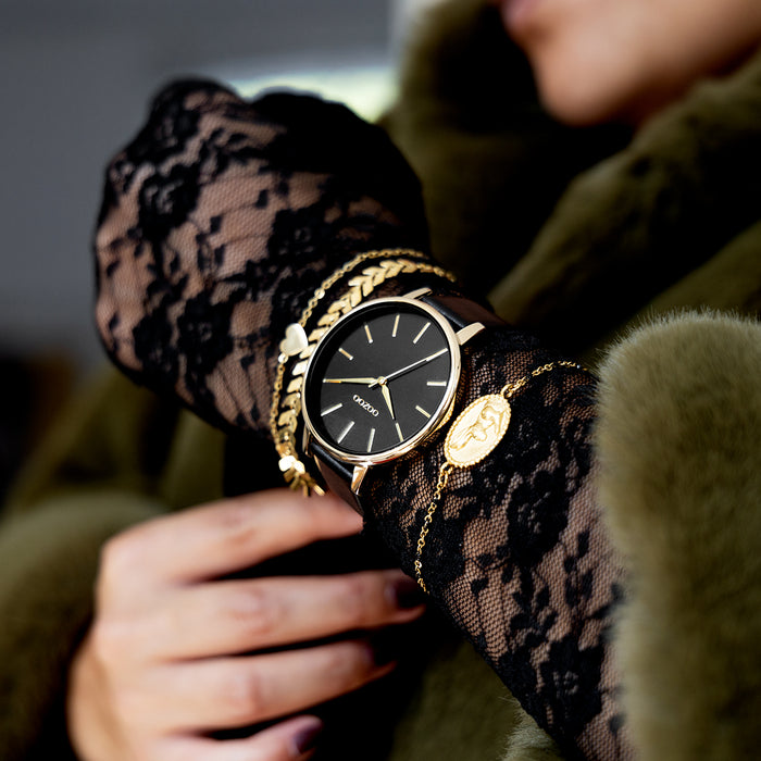 Oozoo Goudkleurige OOZOO Horloge Met Zwarte Leren Band - C11259