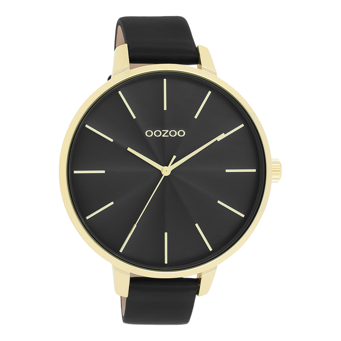 oozoo Goudkleurige OOZOO horloge met zwarte leren band - C11259