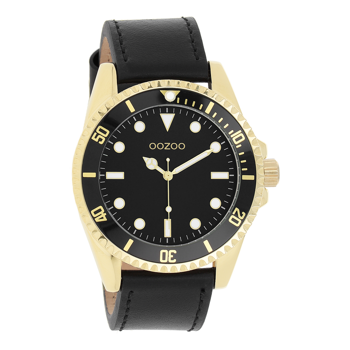 oozoo Goudkleurige OOZOO horloge met zwarte leren band - C11115