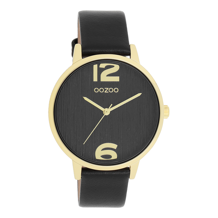 oozoo Goudkleurige OOZOO horloge met zwarte leren band - C11239