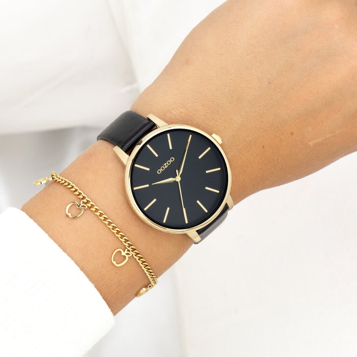 Oozoo Goudkleurige OOZOO Horloge Met Zwarte Leren Band - C11294