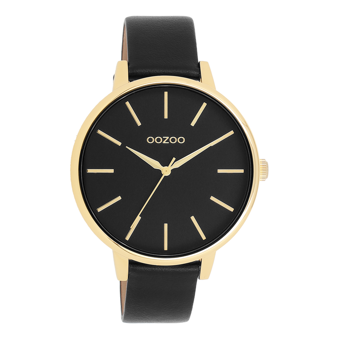 oozoo Goudkleurige OOZOO horloge met zwarte leren band - C11294