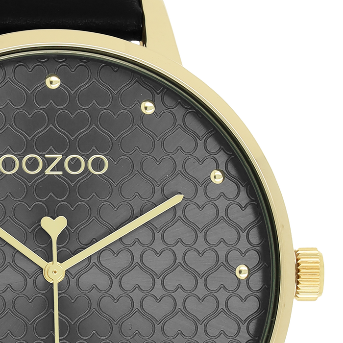 Oozoo Goudkleurige OOZOO Horloge Met Zwarte Leren Band - C11039