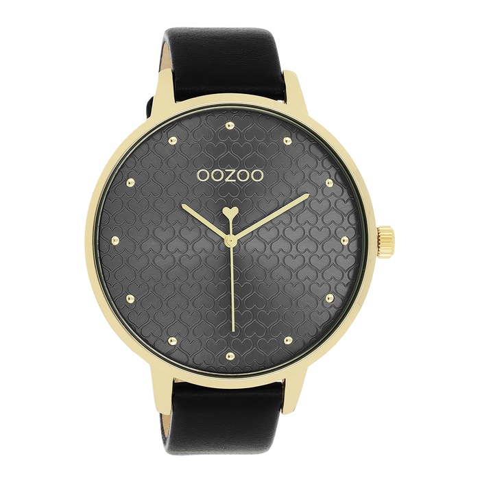 oozoo Goudkleurige OOZOO horloge met zwarte leren band - C11039