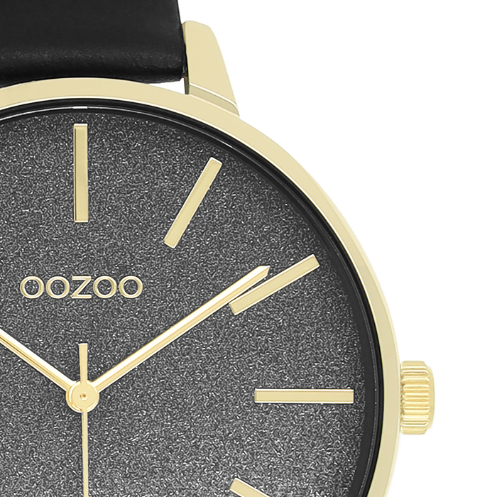 Oozoo Goudkleurige OOZOO Horloge Met Zwarte Leren Band - C11034