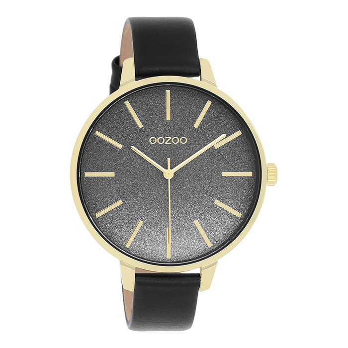 oozoo Goudkleurige OOZOO horloge met zwarte leren band - C11034