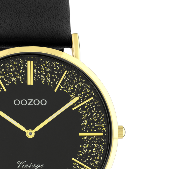 Oozoo Goudkleurige OOZOO Horloge Met Zwarte Leren Band - C20186