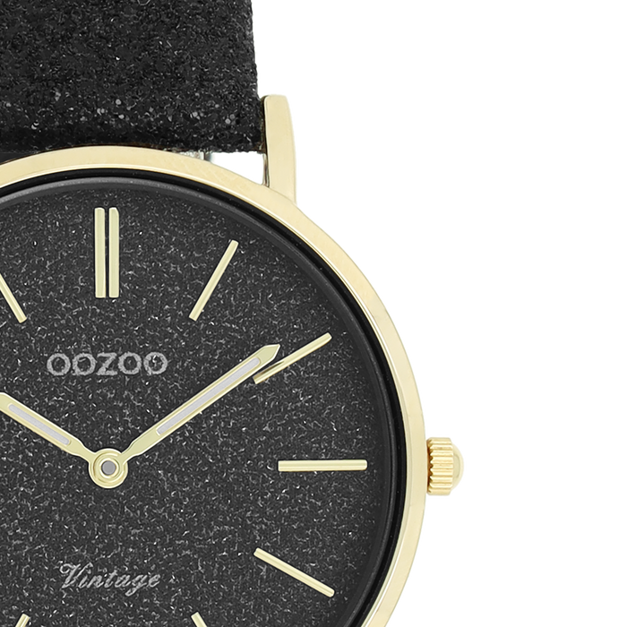 Oozoo Goudkleurige OOZOO Horloge Met Zwarte Leren Band - C20204