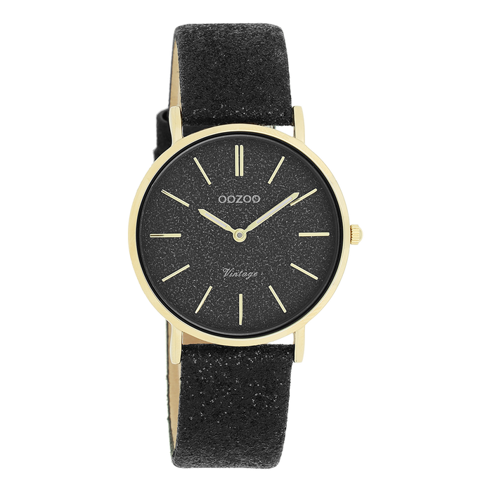 oozoo Goudkleurige OOZOO horloge met zwarte leren band - C20204