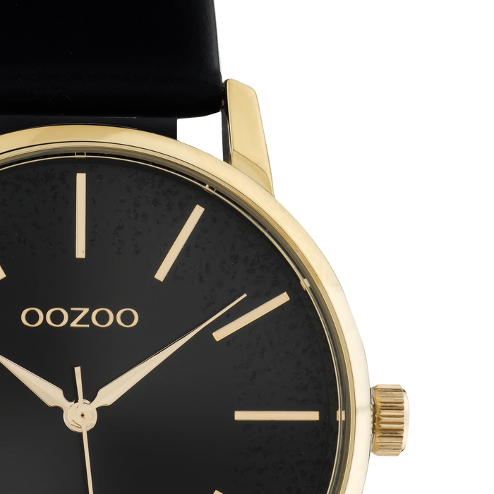 Oozoo Goudkleurige OOZOO Horloge Met Zwarte Leren Band - C10839
