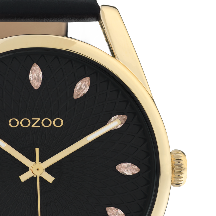 Oozoo Goudkleurige OOZOO Horloge Met Zwarte Leren Band - C10842