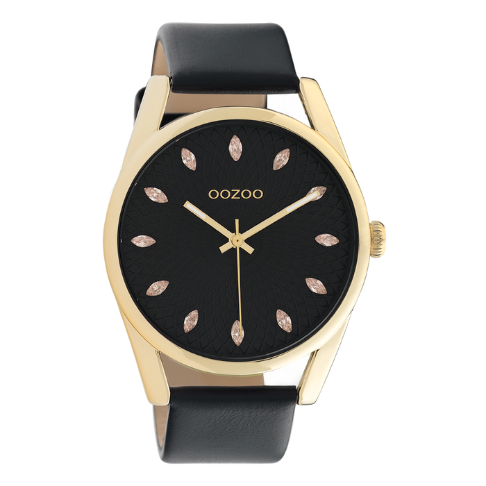 oozoo Goudkleurige OOZOO horloge met zwarte leren band - C10842
