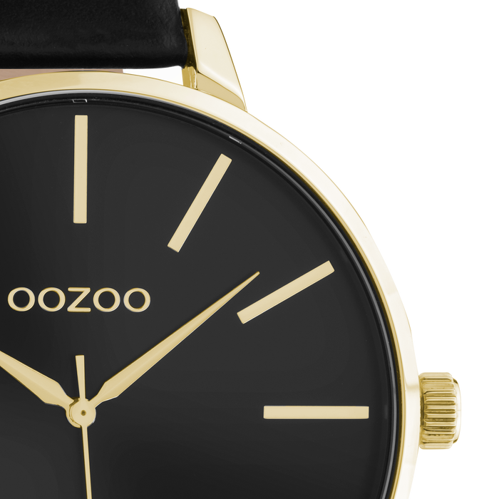 Oozoo Goudkleurige OOZOO Horloge Met Zwarte Leren Band - C10844