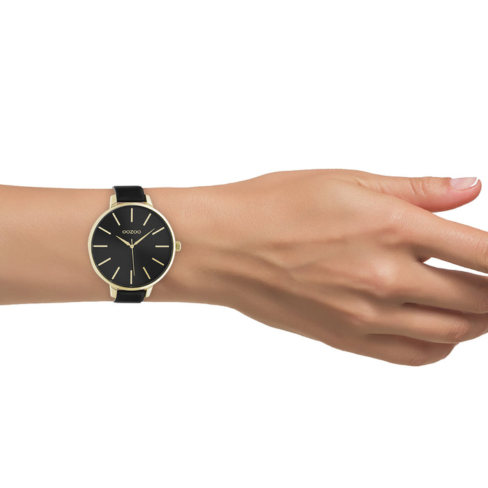 Oozoo Goudkleurige OOZOO Horloge Met Zwarte Leren Band - C10844