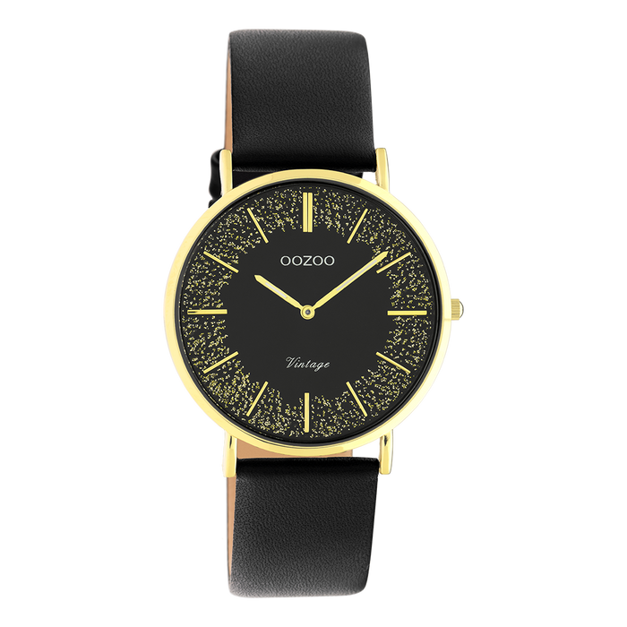 Oozoo Goudkleurige OOZOO Horloge Met Zwarte Leren Band - C20186