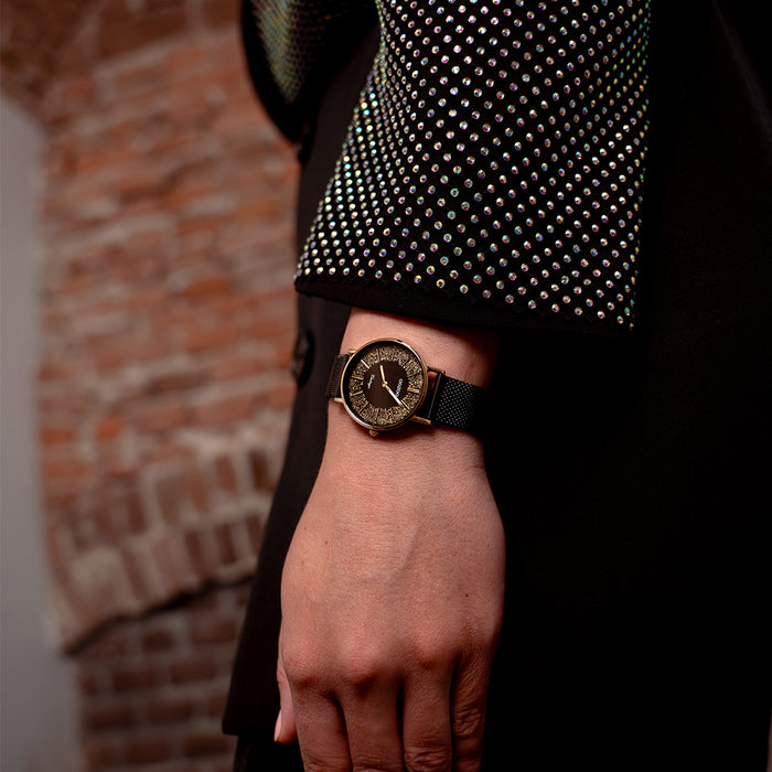 oozoo Goudkleurige OOZOO horloge met zwarte leren band - C20186