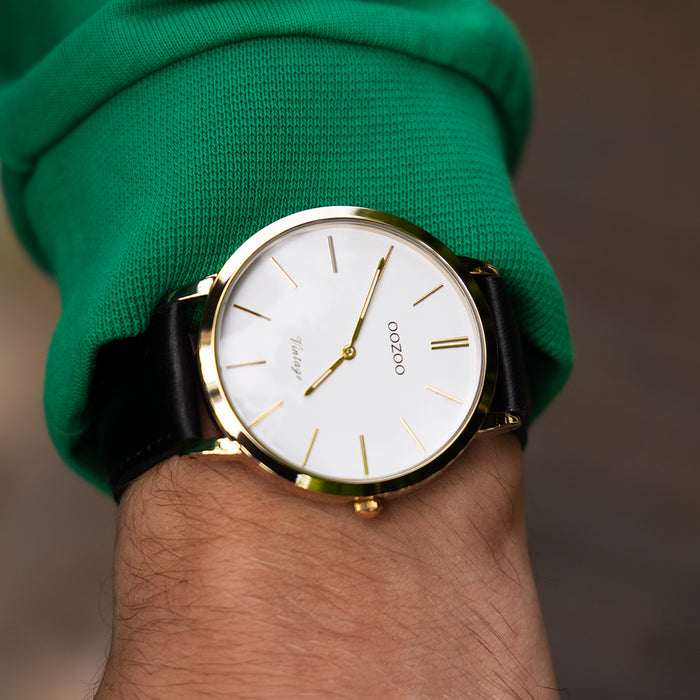 Oozoo Goudkleurige OOZOO Horloge Met Zwarte Leren Band - C20386