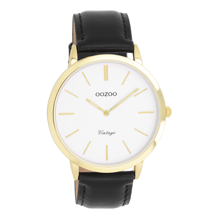 oozoo Goudkleurige OOZOO horloge met zwarte leren band - C20386