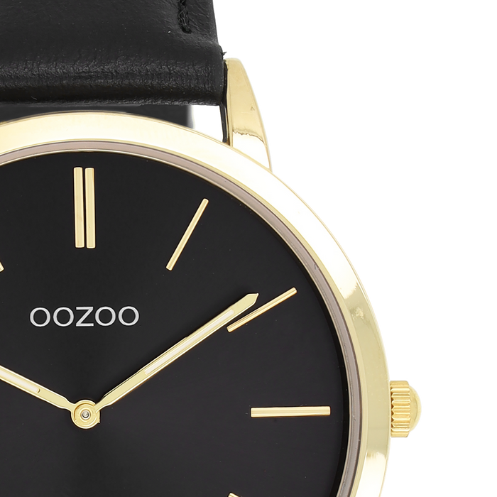 Oozoo Goudkleurige OOZOO Horloge Met Zwarte Leren Band - C20389