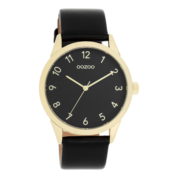 Oozoo Goudkleurige OOZOO Horloge Met Zwarte Leren Band - C11329