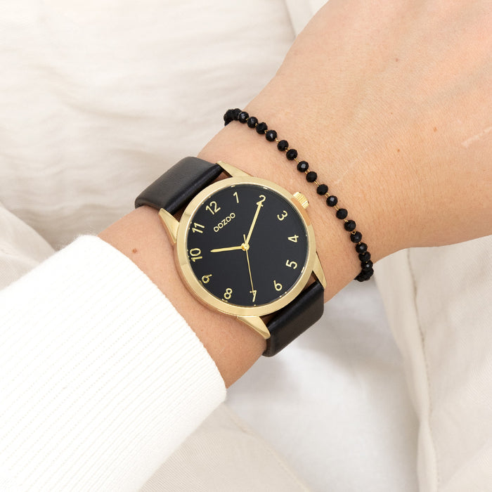 Oozoo Goudkleurige OOZOO Horloge Met Zwarte Leren Band - C11329