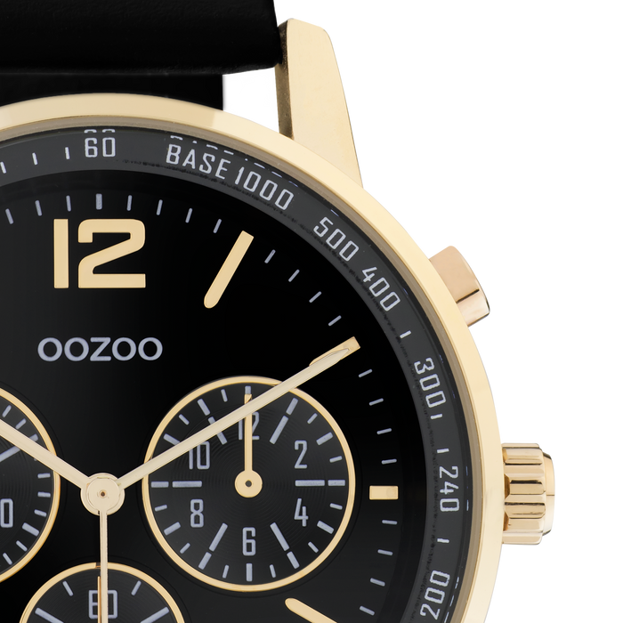 Oozoo Goudkleurige OOZOO Horloge Met Zwarte Leren Band - C10841