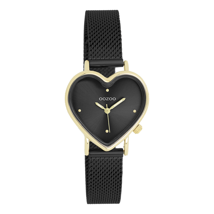 oozoo Goudkleurige OOZOO horloge met zwarte metalen mesh armband - C11447