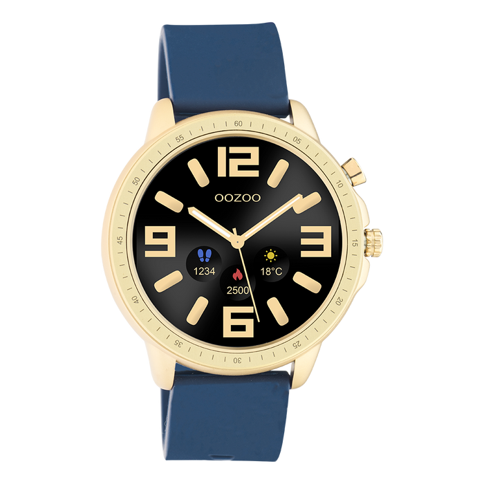 oozoo Goudkleurige OOZOO smartwatch met donker blauwe rubber band - Q00321