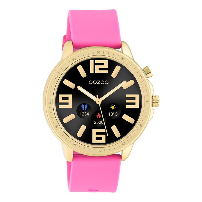 oozoo Goudkleurige OOZOO smartwatch met framboos roze rubber band - Q00320