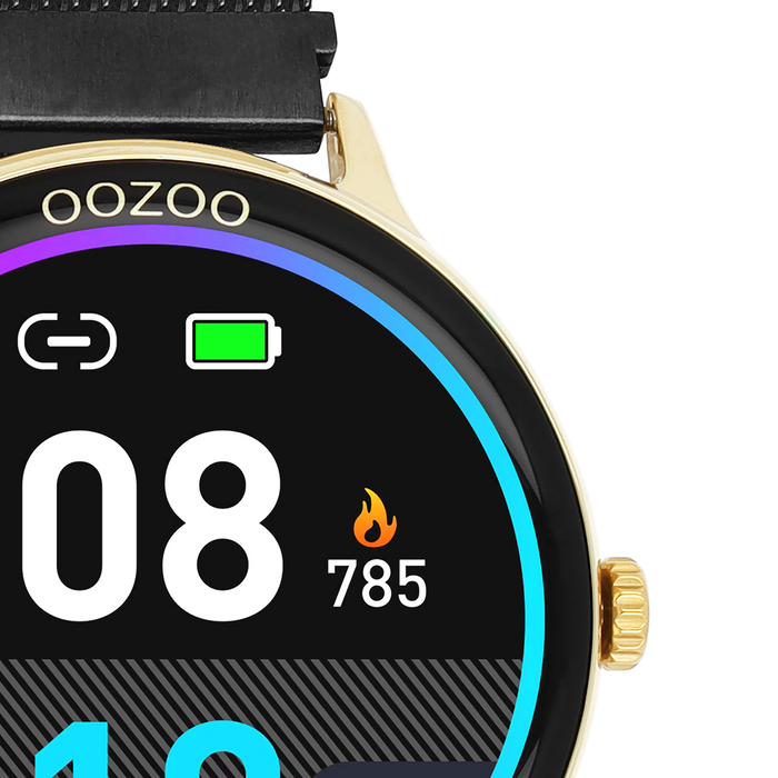 Oozoo Goudkleurige OOZOO Smartwatch Met Zwarte Metalen Mesh Armband - Q00137