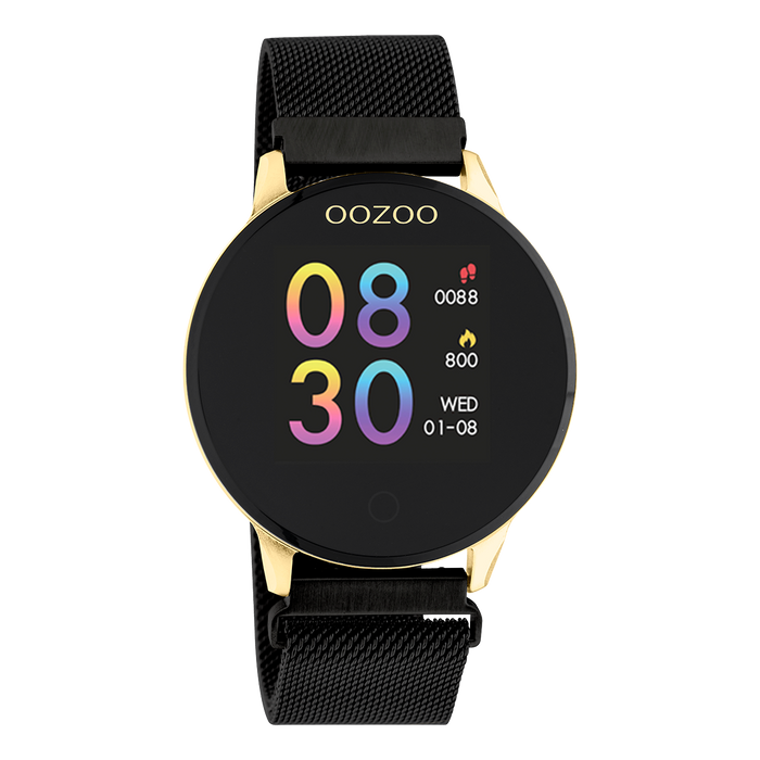 oozoo Goudkleurige OOZOO smartwatch met zwarte metalen mesh armband - Q00122