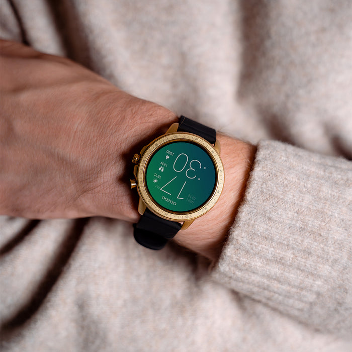 oozoo Goudkleurige OOZOO smartwatch met zwarte rubber band - Q00301 oozoo Goudkleurige OOZOO smartwatch met zwarte rubber band - Q00301