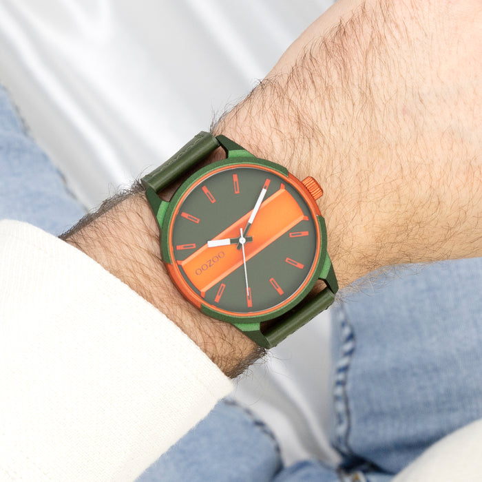 Oozoo Groen/fluo Oranje OOZOO Horloge Met Groene Leren Band - C11318