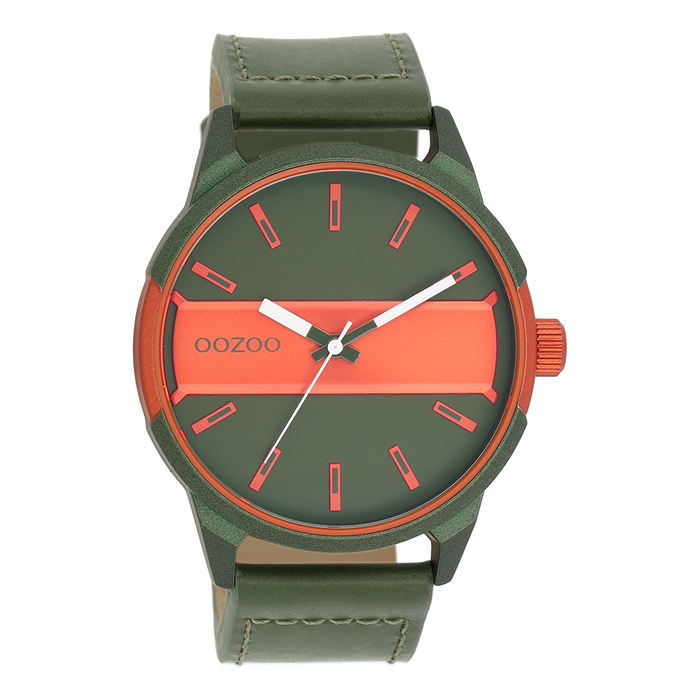 oozoo Groen/fluo oranje OOZOO horloge met groene leren band - C11318