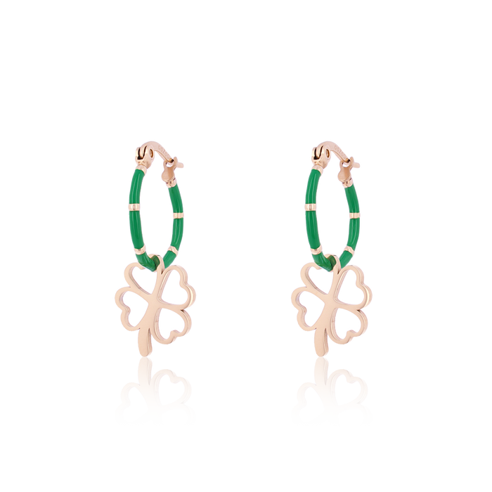 oozoo groene oorringen met Rosé goudkleurige klaver bedel