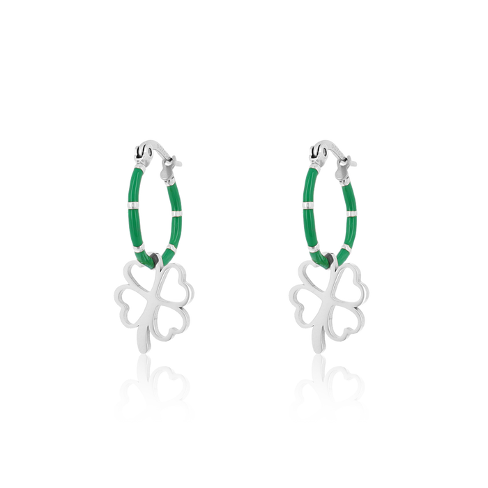 oozoo groene oorringen met Zilverkleurige klaver bedel