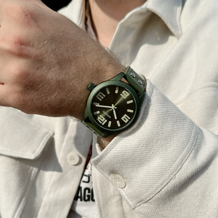 Oozoo Licht Blauwe OOZOO Horloge Met Bos Groene Leren Band - C1093