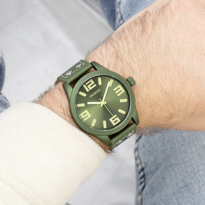 Oozoo Licht Blauwe OOZOO Horloge Met Bos Groene Leren Band - C1093