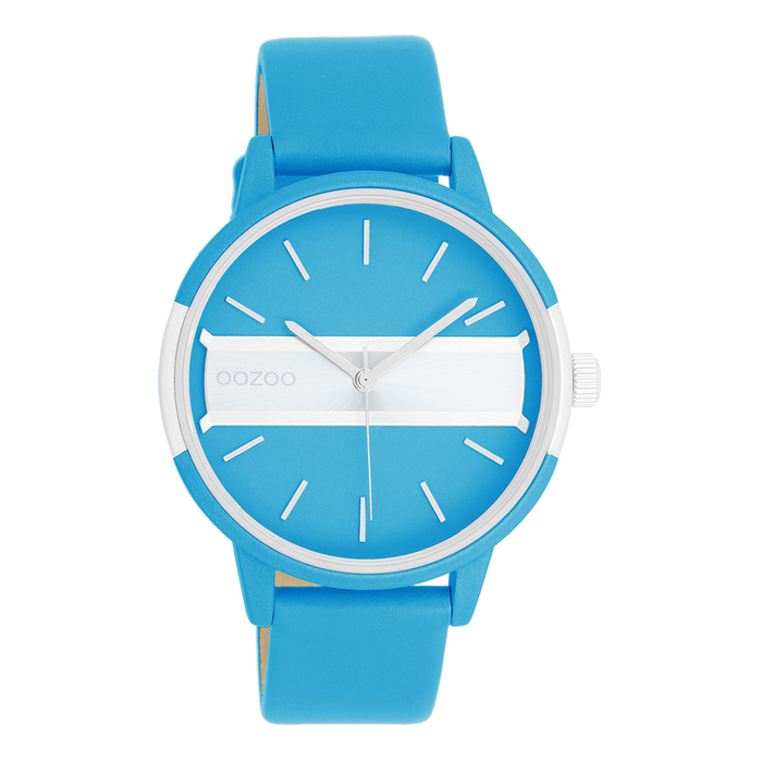 oozoo Neon blauw/goudkleurige OOZOO horloge met felblauwe leren band - C11188